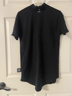 T39a- ANTI-ORDER Black Graphic-Printed Mock Neck Tunic T-Shirt